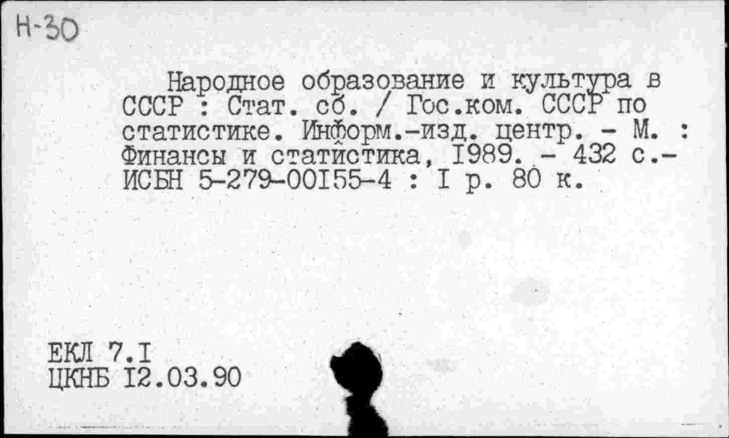 ﻿н-ьо
Народное образование и культура . СССР : Стат. со. / Гос.ком. СССР по статистике. Информ.-изд. центр. - М Финансы и статистика, 1989. - 432 с ИСБН 5-279-00155-4 : 1р. 80 к.
ЕКЛ 7.1
ЦКНБ 12.03.90